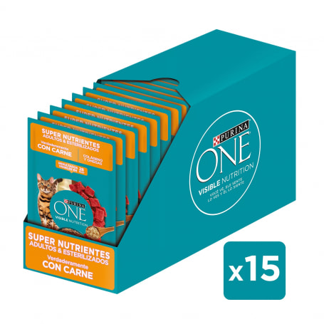 CAJA PURINA ONE GATO ADULTO ESTERILIZADO CARNE X15 85 GR1