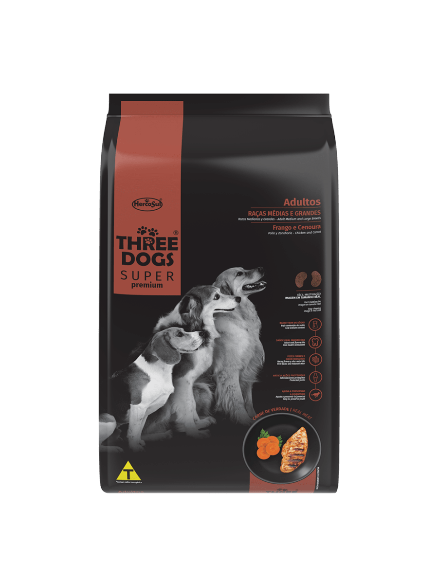 Three Dogs Super Premium Adultos Razas Medianas y Grandes - Pollo y Zanahoria (10,1 KG)1