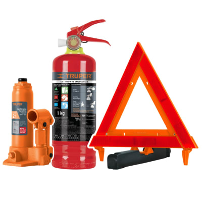 Gata hidraulica 2Tn + triangulo de seguridad y extintor de 1Kg Truper1