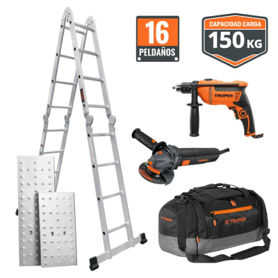Combo Escalera Multiposición + Taladro 600w + Amoladora 850 Truper1