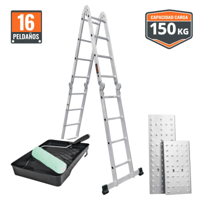 Combo Escalera Multiposicion 16 pasos + Rodillo y bandeja Truper
