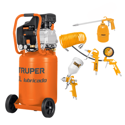 Combo Compresora vertical 50 litros truper + accesorios Ingco1