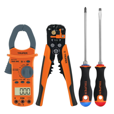 Pinza amperimétrica + pelacables automático + desarmadores Truper