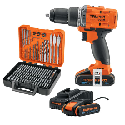 Taladro percutor 2 baterias  + juego de 100 brocas y puntas Truper1