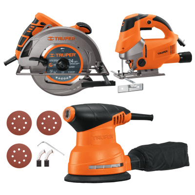 Combo sierra circular 1500w + caladora 750w  + lijadora orbital 5