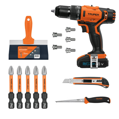 Taladro Percutor Inalámbrico 20v + Herramientas para drywall Truper