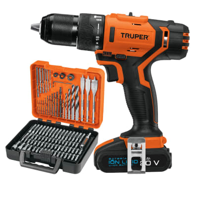 Taladro percutor inalambrico 1/2 20v + juego 100 brocas y puntas Truper1