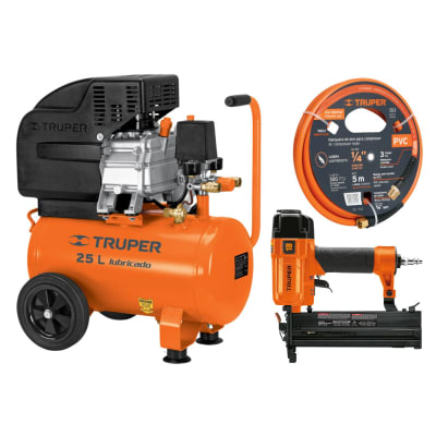 Kit Compresora 25 L , manguera 5m con clavadora y engrapadora Calibre 18 Truper