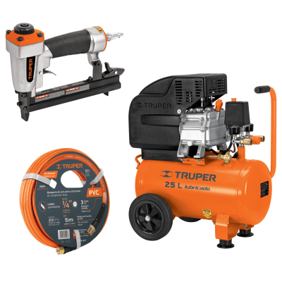 Kit compresora 25 L manguera 5m con engrapadora nehumatica calibre 18 Truper1