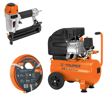 Kit compresora 25 L manguera 5m con clavadora nehumatica calibre 18 Truper