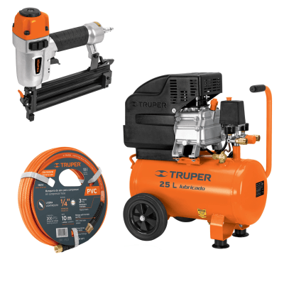 Kit compresora 25 L manguera 10m con clavadora nehumatica calibre 18 Truper