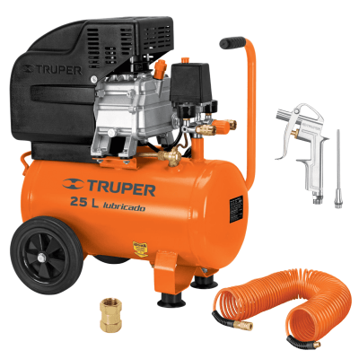 KIT Compresora lubricada, 25 L + MANGUERA TIPO RESORTE 15M Y PISTOLA DE SOPLETEAR TRUPER