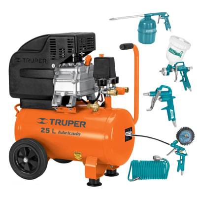 Compresora 25 Litros Truper + Kit Neumático 5 Piezas Total