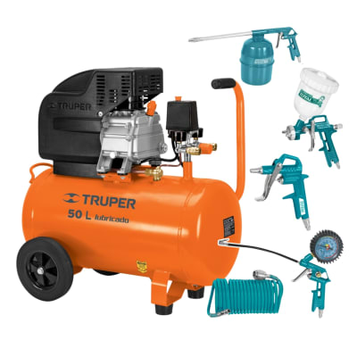 Compresora 50 Litros Truper + Kit Neumático 5 piezas Total