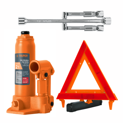 Kit Gata 2 ton triangulo de seguridad y llave ruedas Truper1