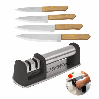 Combo 4 cuchillos con afilador de cuchillos inox. Truper