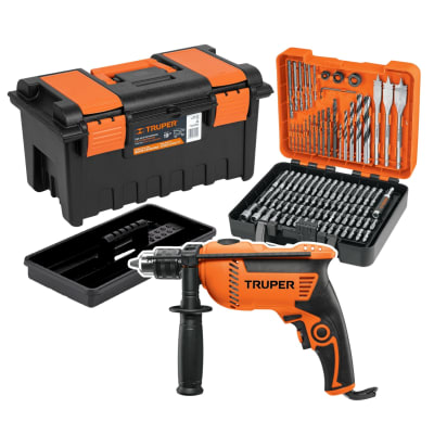 Taladro 600w + caja de herramientas + puntas y brocas 100pzas Truper1