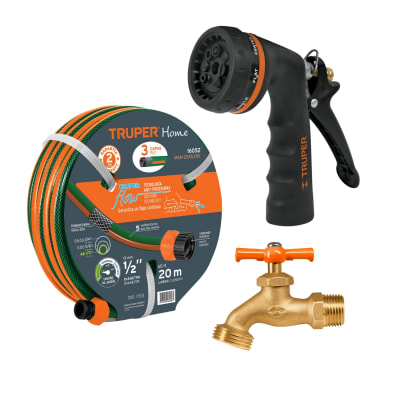 Combo manguera de riego 20m + pistola de riego y caño jardin Truper
