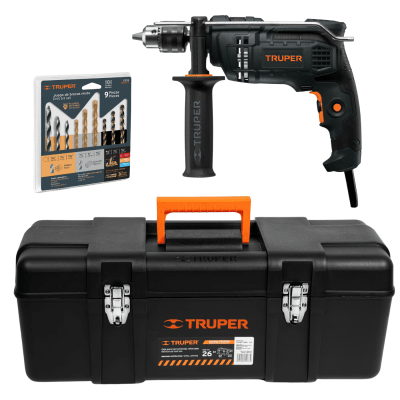 Taladro percutor 650w industrial + set de brocas + caja para herramientas 26
