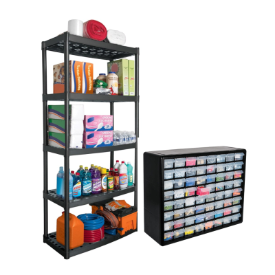 Combo Estante Plástico 5 Repisas + Organizador 20'' con 64 Gavetas Truper1