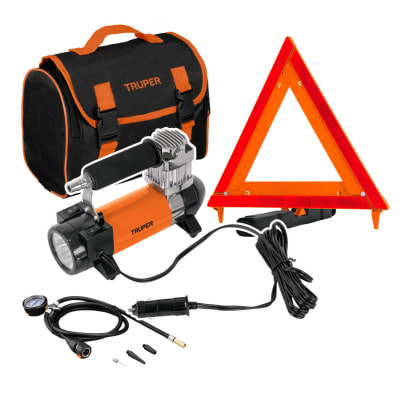 Compresor 12V portatil para auto y Triangulo de Seguridad Truper