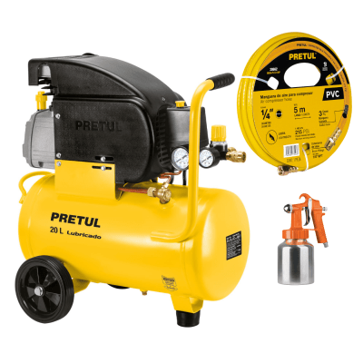 Kit Compresora lubricada 20 L Pretul + Pistola para pintar Baja presion Naranja y manguera de pvc para compresor, 5 m x 1/4', pretul1
