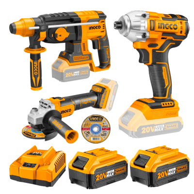 Pack rotomartillo + esmeril + atornillador de impacto 20v inalambrico ingco