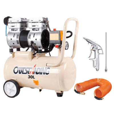 Combo compresora silenciosa 30L + manguera tipo resorte 15 m con pistola para sopletear