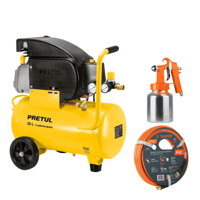 Combo compresora de 20 litros pretul con manguera 10m y pistola Truper