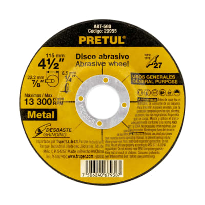 Disco tipo 27 de 4-1/2'' x 6.2 mm desbaste de metal. pretul