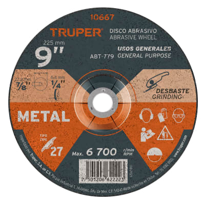 Disco Tipo 27 de 9´´ x 6.4 mm para desbaste de metal, Truper