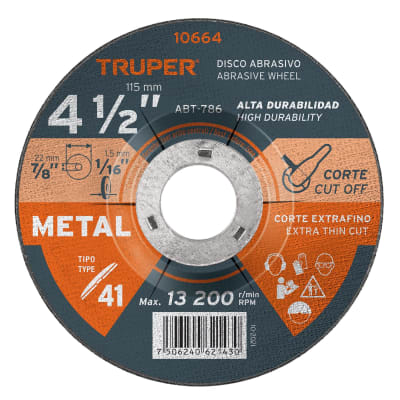 Disco de 4-1/2'' para corte de metal. tipo 41. Truper