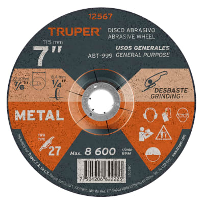 Disco tipo 27 de 7'' x 6.4 mm para desbaste de metal Truper