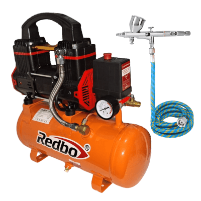 Compresora silenciosa 9 litros Redbo + aerógrafo y manguera Truper