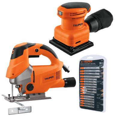 Combo lijadora orbital con sierra caladora y juego de 16 seguetas Truper