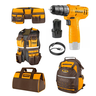 Taladro atornillador 12v + Kit 4 Porta Herramientas + cable de carga INGCO
