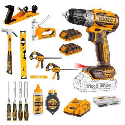 Taladro atornillador + Set de 13 herramientas Ingco