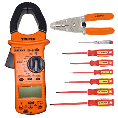 Kit pinza amperimetrica, desarmadores 1000V y alicate truper