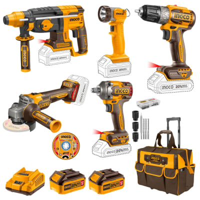 Taladro + llave de impacto + amoladora + rotomartillo + linterna Ingco1