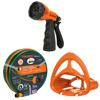 Manguera de riego 10m + pistola de riego y porta manguera Truper1
