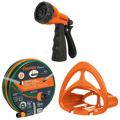 Manguera de riego 15m + pistola de riego y porta manguera Truper