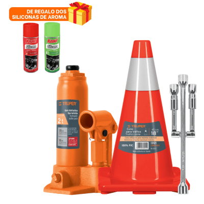 Combo gata tipo botella 2t + cono de precaucion  + llave cruz 141
