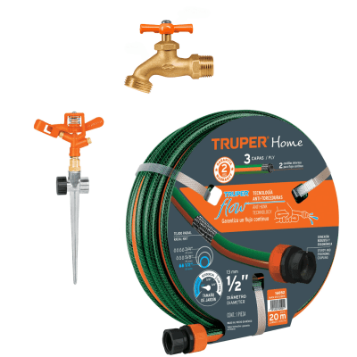 combo aspersor metálico + manguera de 20m y caño de jardín1