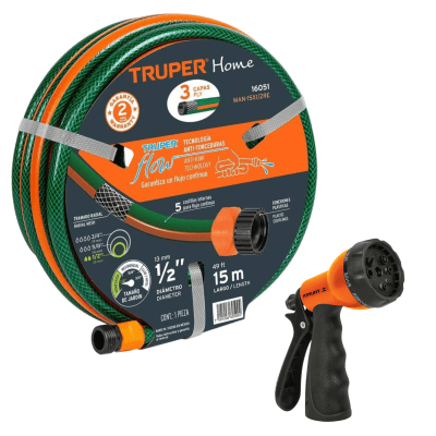 Manguera de riego 15m + pistola de riego 8 funciones Truper