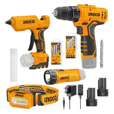 Kit inalambrico 4 Piezas Taladro. pistola y linternas Ingco1