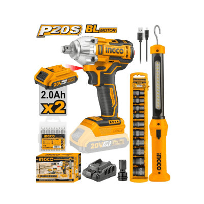 Llave de impacto 20V ingco + Lampara Magnetica +Set de dados de impacto + Puntillas1