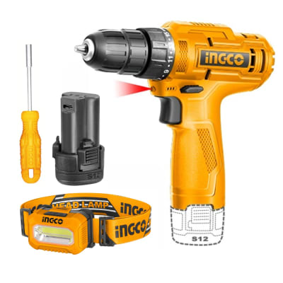 Kit Taladro 12v + Linterna + Destornillador con Puntillas Ingco1