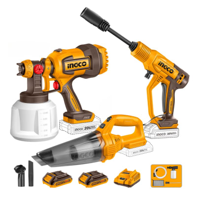 Combo 20V Hidrolavadora + Pistola para Pintar + Aspiradora Inalámbrica Ingco