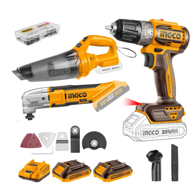 Kit Taladro Atornillador 20V 52NM + Herramienta Multifunción + Aspirador Ingco
