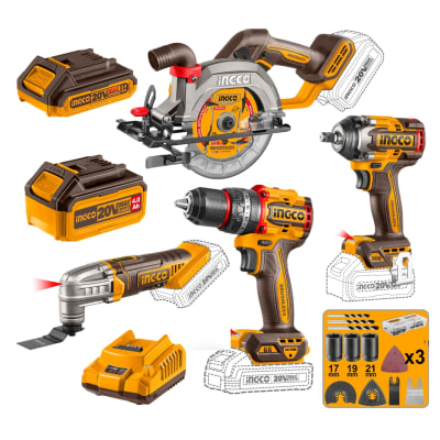 Taladro percutor 66nm + llave de impacto 500nm + Sierra y Multi herramienta Ingco